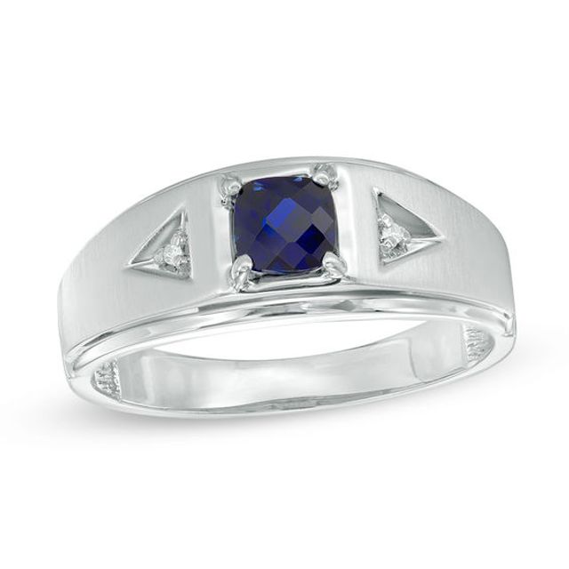 Men's 5.0mm Cushion-Shaped Lab-Created Blue Sapphire and Diamond Accent Ring in 10K White Gold