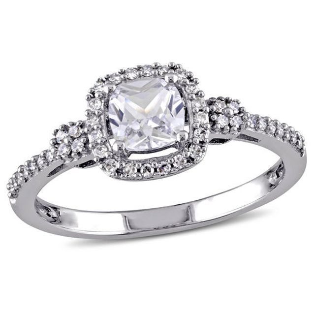 5.0mm Cushion-Cut Lab-Created White Sapphire and 1/6 CT. T.w. Diamond Frame Ring 10K Gold