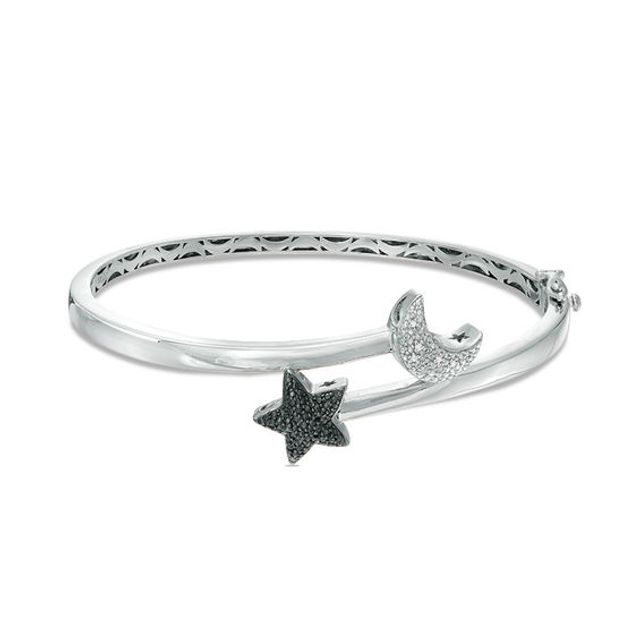 Enhanced Black and White Diamond Accent Star and Moon Bypass Bangle in Sterling Silver - 7.5"