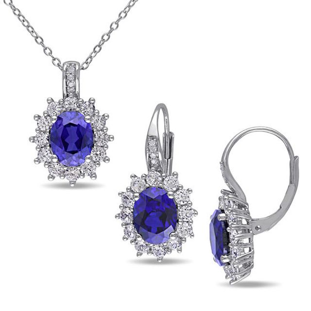 Oval Lab-Created Blue and White Sapphire with Diamond Accent Sunburst Pendant and Drop Earrings Set in Sterling Silver