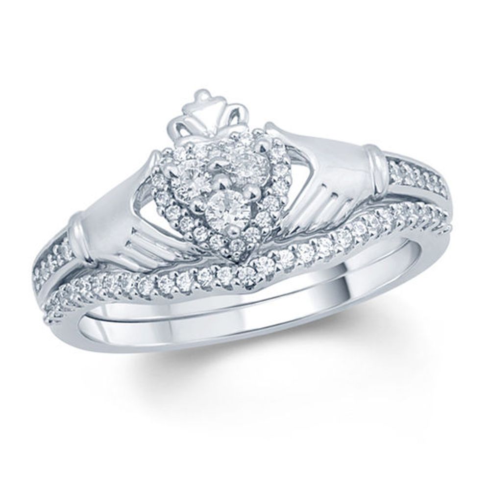 1/3 CT. T.w. Diamond Claddagh Bridal Set 10K White Gold