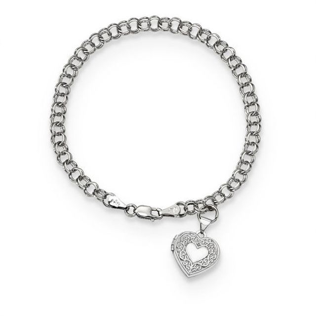 Etched Scroll Heart-Shaped Locket Charm Bracelet in 14K White Gold