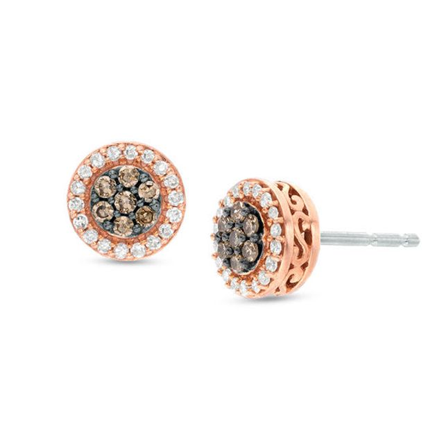 1/4 CT. T.w. Champagne and White Multi-Diamond Frame Stud Earrings in 10K Rose Gold