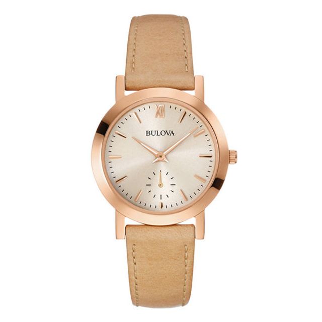 Ladies' Bulova Classic Rose-Tone Strap Watch with White Dial (Model: 97L146)