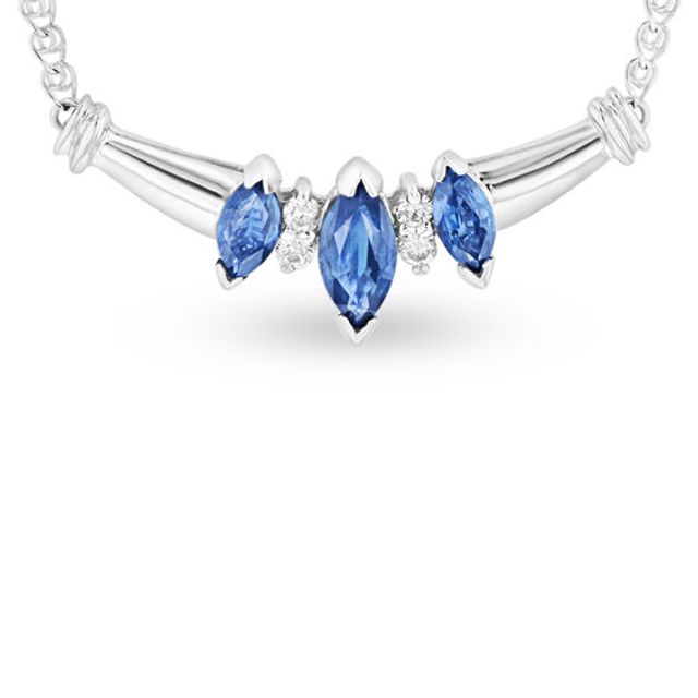 Marquise Blue Sapphire and Diamond Accent Three Stone Necklace in 14K White Gold - 16"