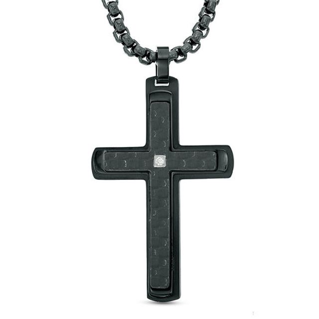 Men's Diamond Accent Carbon fiber Cross Pendant in Stainless Steel with Black IP - 24"