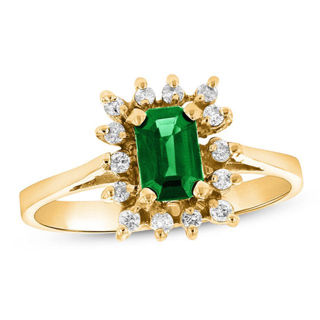 Emerald-Cut Emerald and 1/8 CT. T.w. Diamond Starburst Frame Ring in 14K Gold