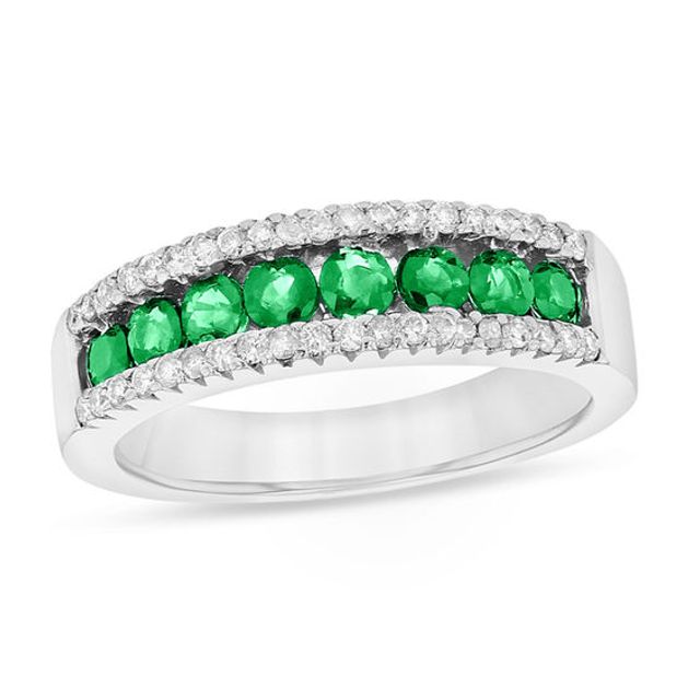 Emerald and 1/4 CT. T.w. Diamond Band in 14K White Gold