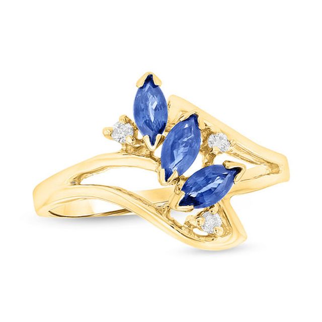 Marquise Blue Sapphire and Diamond Accent Three Stone Bypass Ring in 14K Gold