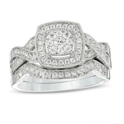 1/2 CT. T.w. Multi-Diamond Cushion Frame Vintage-Style Bridal Set in 10K White Gold