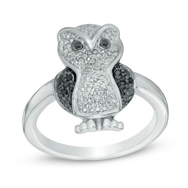 Enhanced Black and White Diamond Accent Owl Ring in Sterling Silver