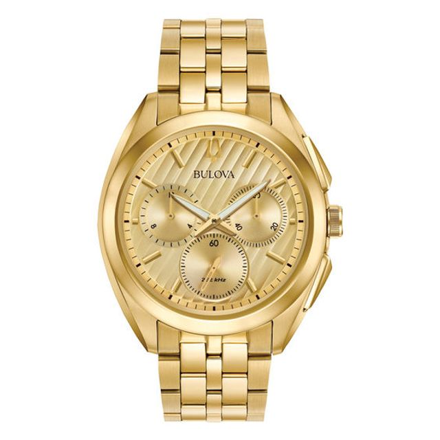 Men's Bulova Curv Chronograph Gold-Tone Watch with Champagne Dial (Model: 97A125)