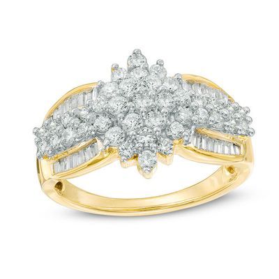 1 CT. T.w. Baguette and Round Multi-Diamond Marquise-Shaped Engagement Ring in 10K Gold