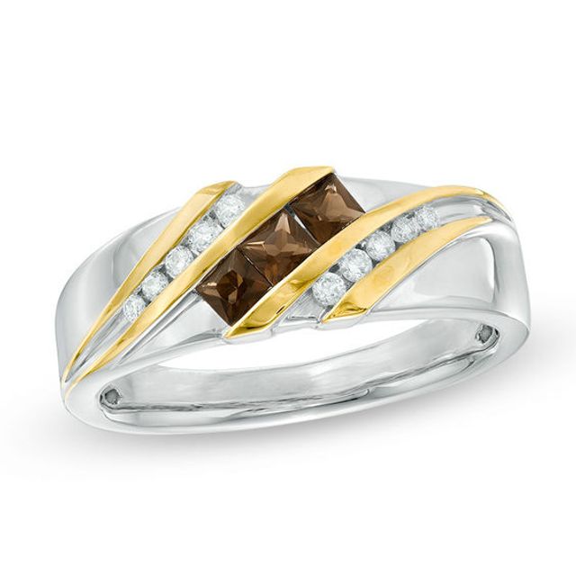 Men's Smoky Quartz and 1/8 CT. T.w. Diamond Three Stone Slant Band in 10K Two-Tone Gold