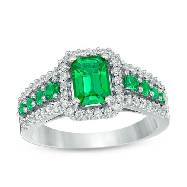 Emerald-Cut Lab-Created Emerald and White Sapphire Frame Ring in Sterling Silver