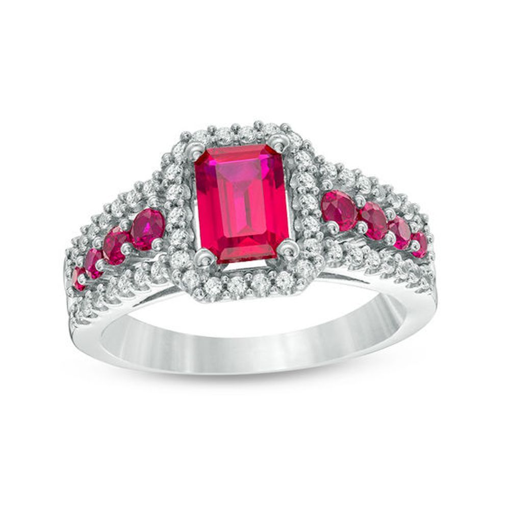 Emerald-Cut Lab-Created Ruby and White Sapphire Frame Ring in Sterling Silver