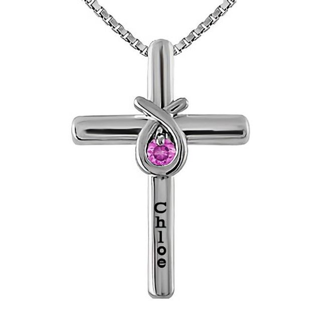 Personalized Birthstone Cross Pendant in Sterling Silver (1 Stone and Name)