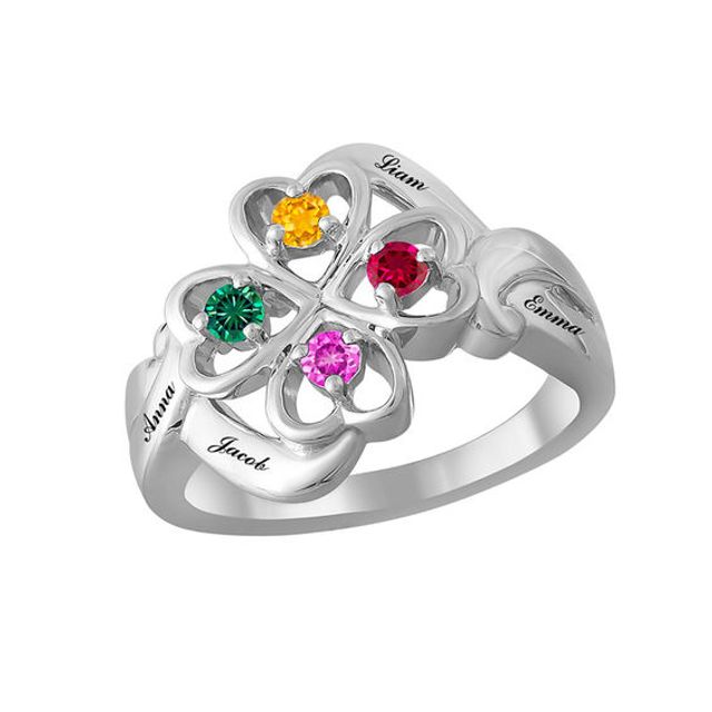 Mother's Birthstone Celtic-Style Clover Family Ring in Sterling Silver (4 Stones and Names)