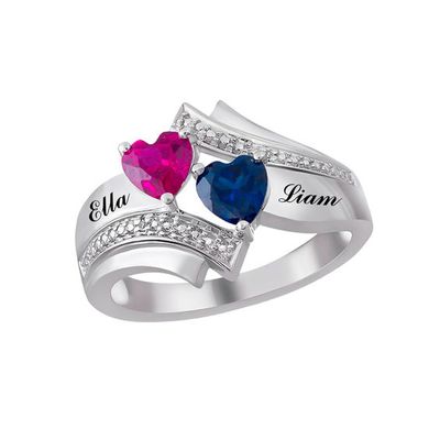Couple's 5.0mm Heart-Shaped Birthstone and Diamond Accent Bypass Ring in 10K Gold (2 Stones and Names)
