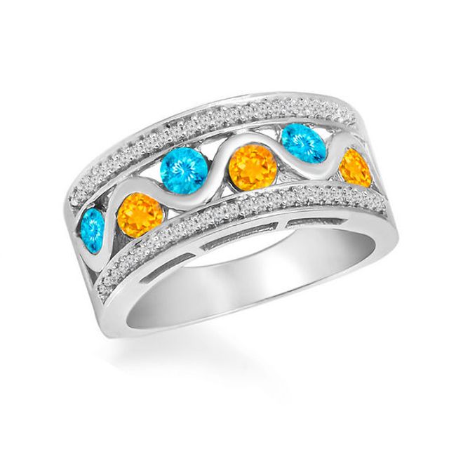 Birthstone and Diamond Accent Beaded Edge Band in Sterling Silver (6 Stones)