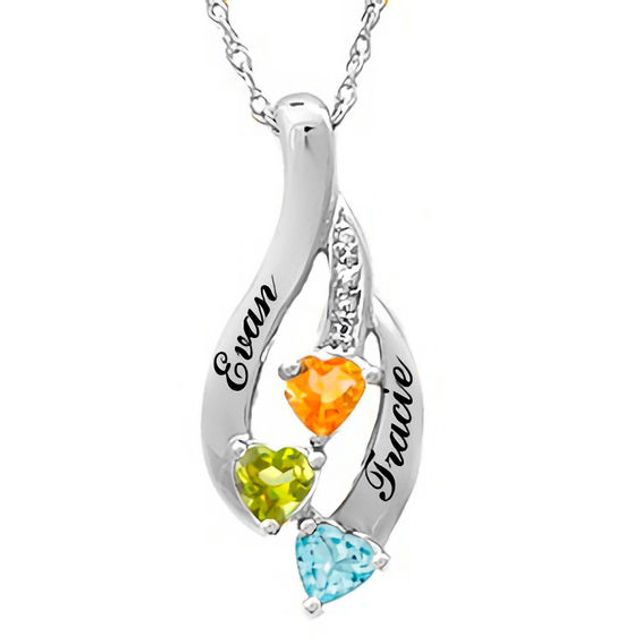 Mother's 4.0mm Heart-Shaped Birthstone and Diamond Accent Flame Pendant in 10K Gold (3 Stones and 2 Names)