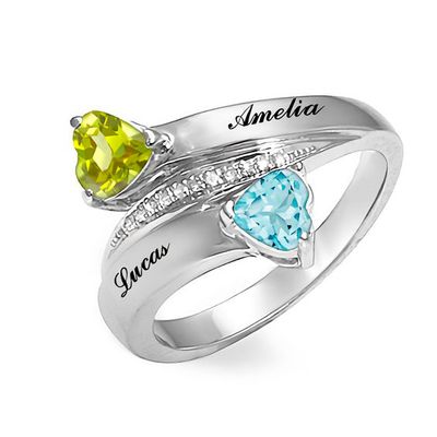 Couple's 5.0mm Heart-Shaped Birthstone and Diamond Accent Bypass Ring in Sterling Silver (2 Stones and Names)
