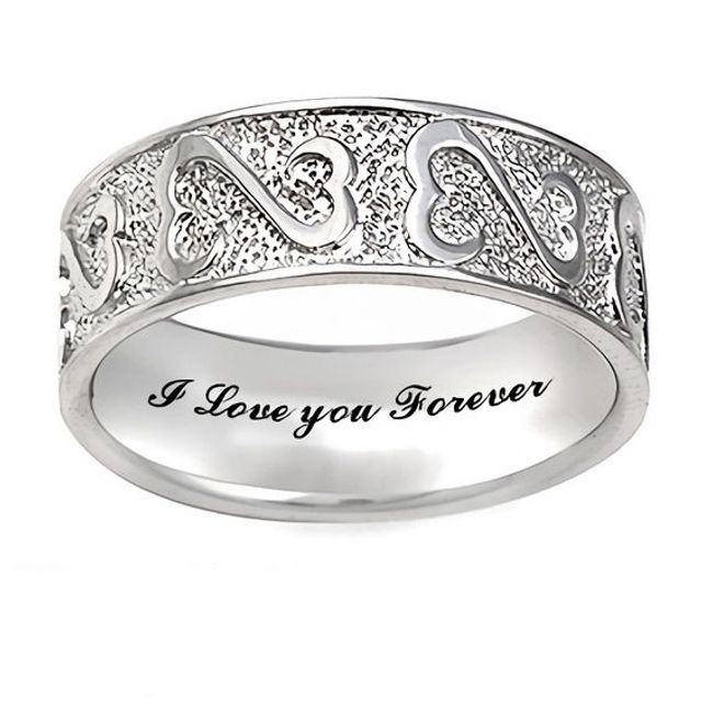 Open Hearts Family by Jane Seymourâ¢ Personalized Textured Wedding Band in Sterling Silver (1 Line)