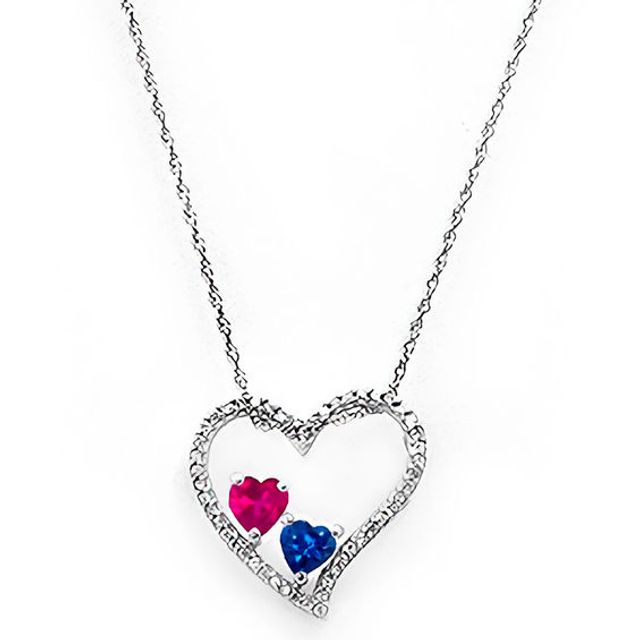 Couple's 4.0mm Birthstone and Diamond Accent Heart Pendant in 10K White or Yellow Gold (2 Stones)