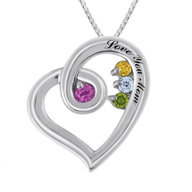 Mother's Birthstone Tilted Heart Pendant in 10K Gold (4 Stones and 1 Line)