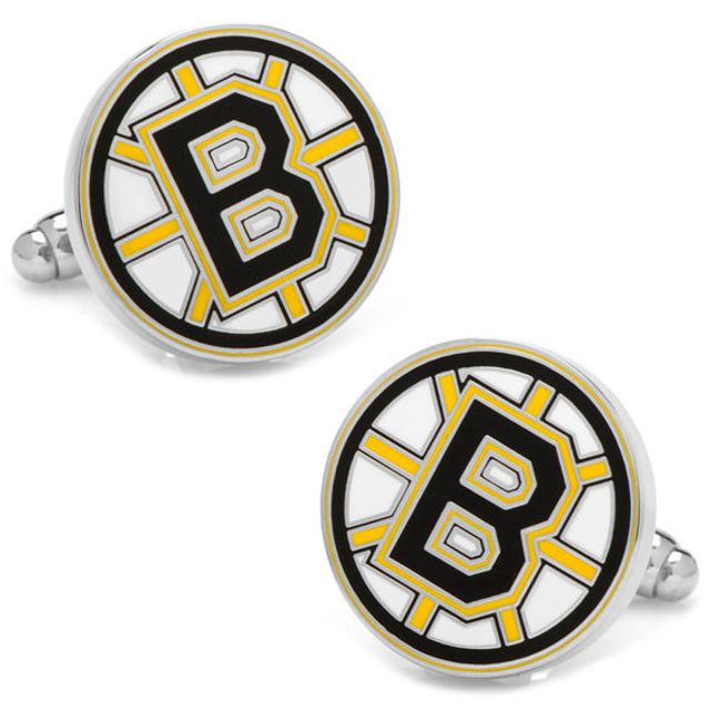 Men's NHL Boston Bruins Logo Enamel Cuff Links in White Rhodium Brass