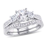 6.0mm Lab-Created White Sapphire and 1/8 CT. T.w. Diamond Three Stone Bridal Set in 10K White Gold