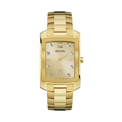 Men's Bulova Diamond Accent Gold-Tone Watch with Rectangular Dial (Model: 97D107)