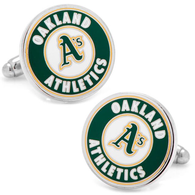 Men's MLB Oakland Athletics Logo Enamel Cuff Links in White Rhodium Brass