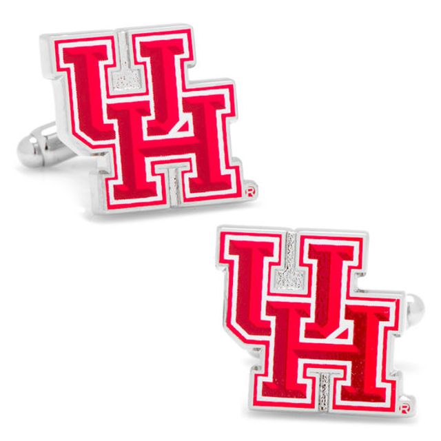 Men's Ncaa University of Houston Logo Enamel Cuff Links in White Rhodium Brass