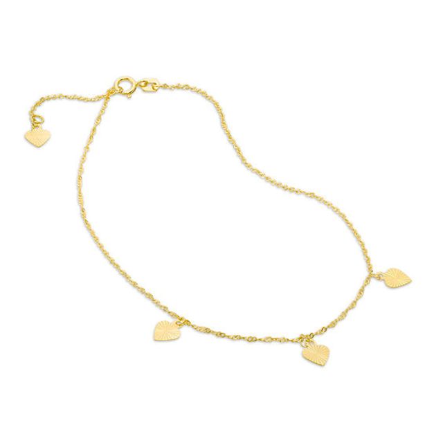 Diamond-Cut Triple Heart Dangle Station Anklet in 10K Gold - 10"