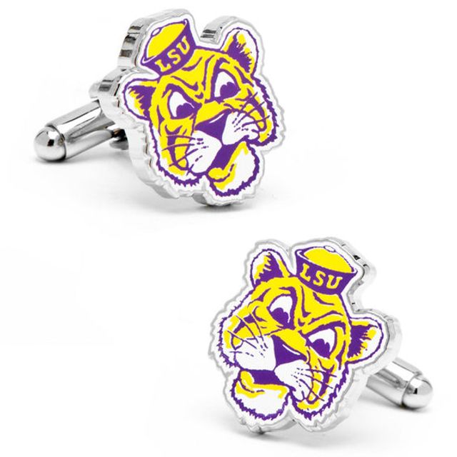 Men's Ncaa Louisiana State University Mascot Enamel Cuff Links in White Rhodium Brass