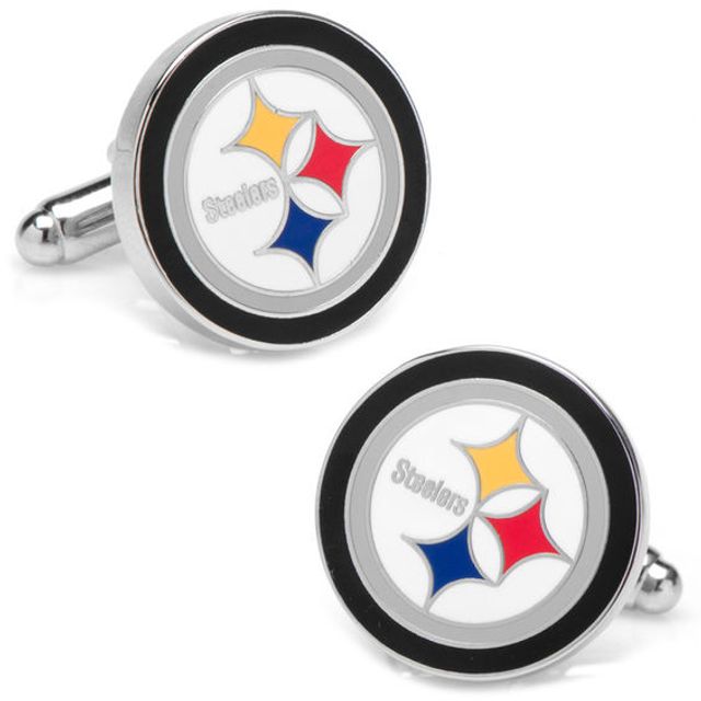 Men's NFL Pittsburgh Steelers Logo Enamel Cuff Links in White Rhodium Brass