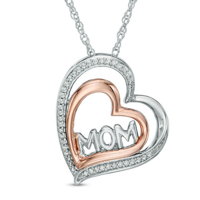 1/10 CT. T.w. Diamond Mom Tilted Double Heart Pendant in Sterling Silver and 10K Rose Gold