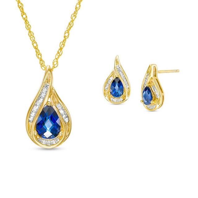 Pear-Shaped Lab-Created Blue and White Sapphire Pendant and Stud Earrings Set in Sterling Silver with 14K Gold Plate