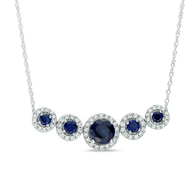 Lab-Created Ceylon and White Sapphire Framed Five Stone Necklace in Sterling Silver