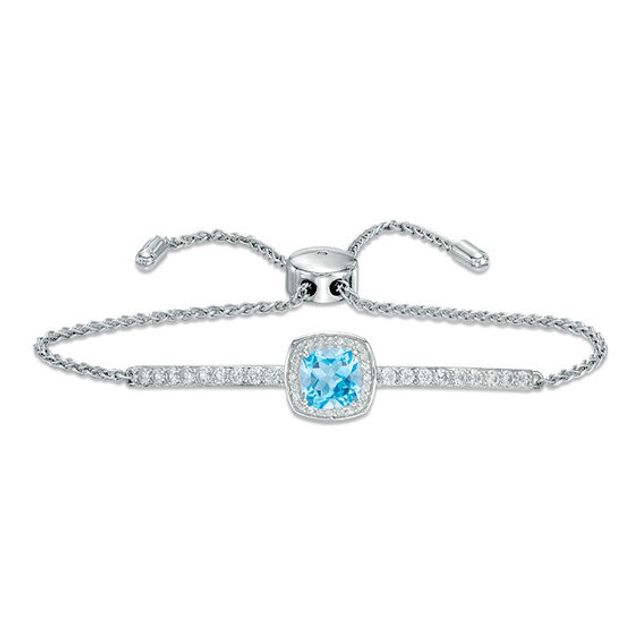 7.0mm Cushion-Cut Swiss Blue Topaz and Lab-Created White Sapphire Frame Bolo Bracelet in Sterling Silver - 9.0"