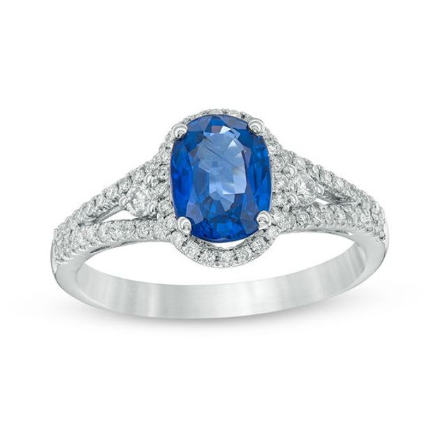 Oval Blue Sapphire and 1/3 CT. T.w. Diamond Frame Split Shank Ring in 14K White Gold