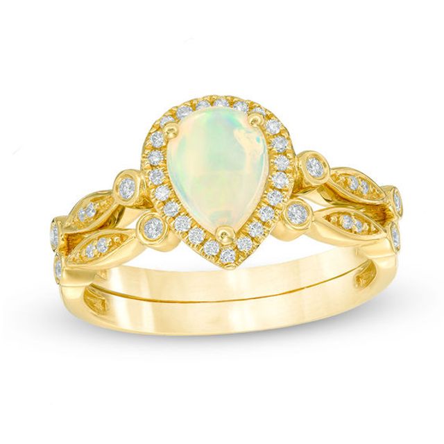 Pear-Shaped Opal and 1/8 CT. T.w. Diamond Frame Vintage-Style Bridal Set in 14K Gold