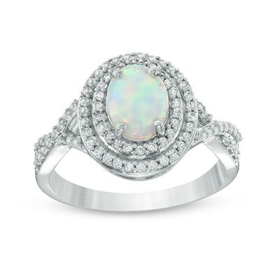 Oval Lab-Created Opal and White Sapphire Double Frame Ring in Sterling Silver