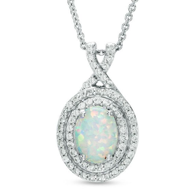 Oval Lab-Created Opal and White Sapphire Double Frame Pendant in Sterling Silver