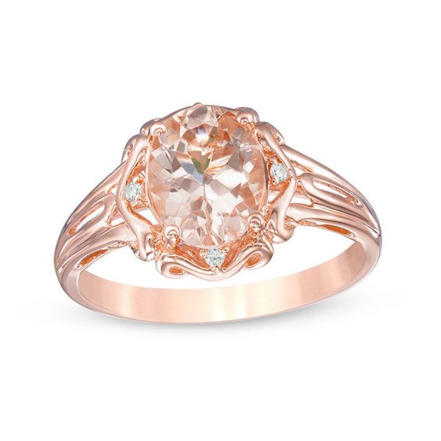 Oval Morganite and Diamond Accent Scroll Frame Ring in 10K Rose Gold