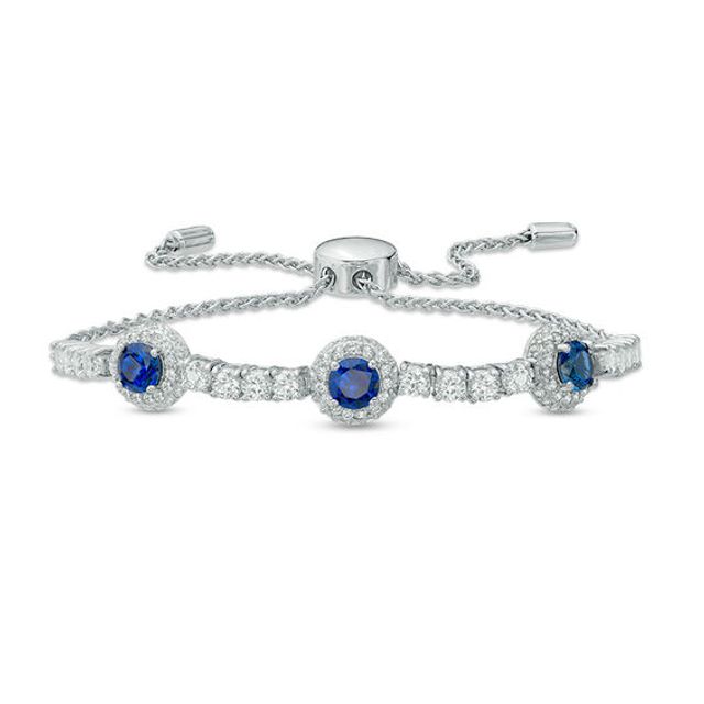 5.0mm Lab-Created Blue and White Sapphire Frame Three Stone Bolo Bracelet in Sterling Silver - 9.0"