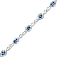 Oval Lab-Created Ceylon Sapphire and Diamond Accent Starburst Frame Link Bracelet in Sterling Silver - 7.5"