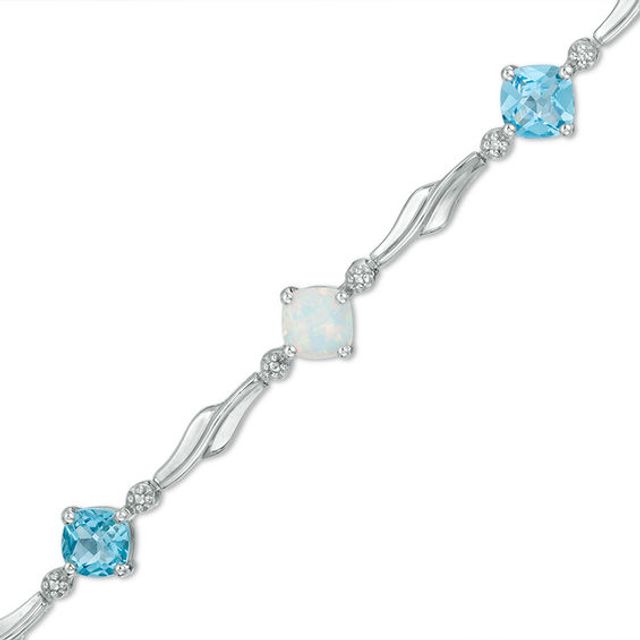 5.0mm Cushion-Cut Swiss Blue Topaz and Lab-Created Opal with Diamond Accent Bracelet in Sterling Silver - 7.25"