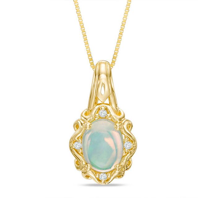 Oval Opal and Diamond Accent Ornate Frame Pendant in 10K Gold